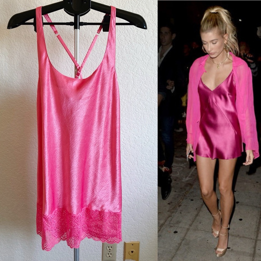 Gold Label Victoria’s Secret Hot Pink Silky Slip Dress Lace Hem